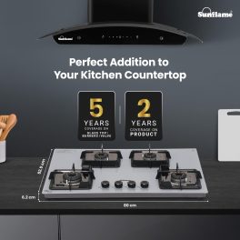 Sunflame 4 Burner Ultra-Slim Countertop Hob 80 cm Wide, Italian SABAF Valve, Forged Brass Burners, Sturdy Pan Support with Flame Guard, Grey, SHA 480 AGS