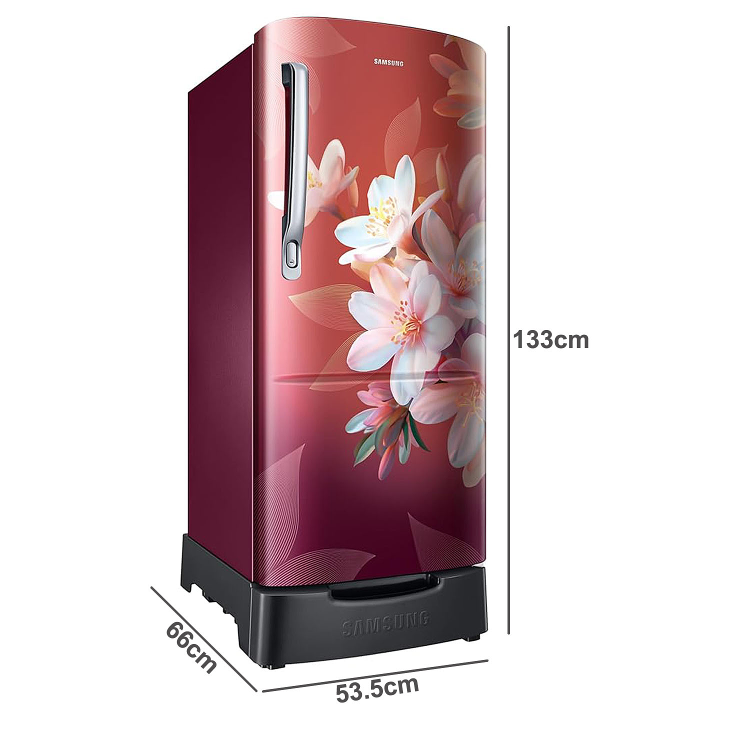 Samsung 183 L, 3 Star, Digital Inverter, Direct-Cool Single Door Refrigerator With Base Stand Drawer, Wild Lily Red, RR20F1823WR/HL Samsung 183 L, 3 Star, Digital Inverter, Direct-Cool Single Door Refrigerator With Base Stand Drawer, Wild Lily Red, RR20F1823WR/HL