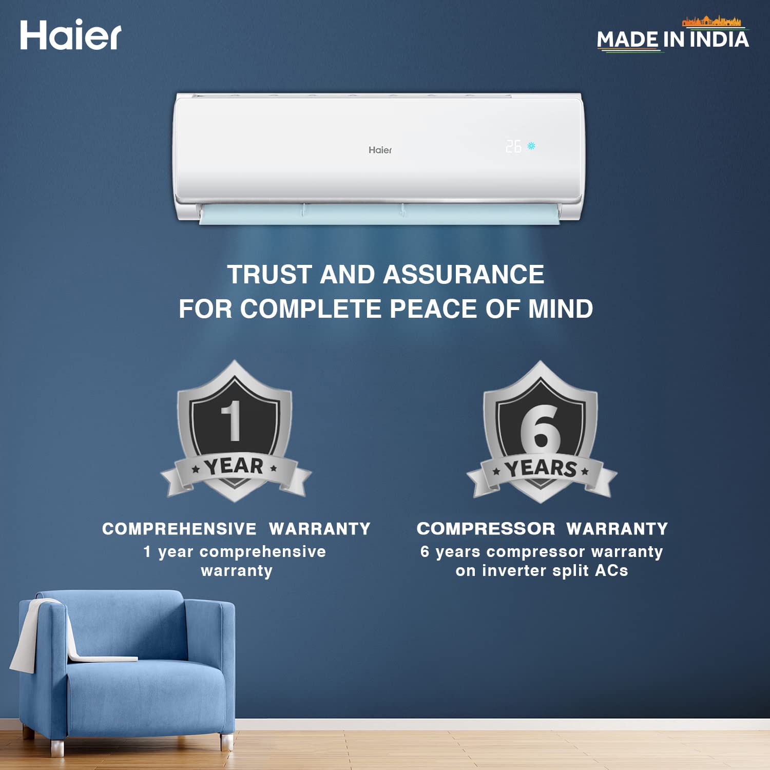 Haier 1.5 Ton 2 Star Fixed Speed Split AC, Copper Condenser Coil, Antibacterial Filter, White, HS50T-TBS2BE-FS Haier 1.5 Ton 2 Star Fixed Speed Split AC, Copper Condenser Coil, Antibacterial Filter, White, HS50T-TBS2BE-FS