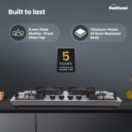 Sunflame 4 Burner Ultra-Slim Countertop Hob 80 cm Wide, Italian SABAF Valve, Forged Brass Burners, Sturdy Pan Support with Flame Guard, Grey, SHA 480 AGS
