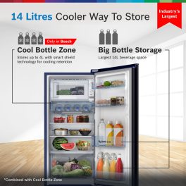 Bosch 187 L, 3 Star, Single Door Refrigerator with Industry's largest base drawer, vegetable box & Beverage space, 18 Hr Cooling Retention, 2.5x Cooling, inverter compressor, Feather Blue, CST18B33PI