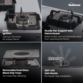 Sunflame 4 Burner Ultra-Slim Countertop Hob 80 cm Wide, Italian SABAF Valve, Forged Brass Burners, Sturdy Pan Support with Flame Guard, Grey, SHA 480 AGS