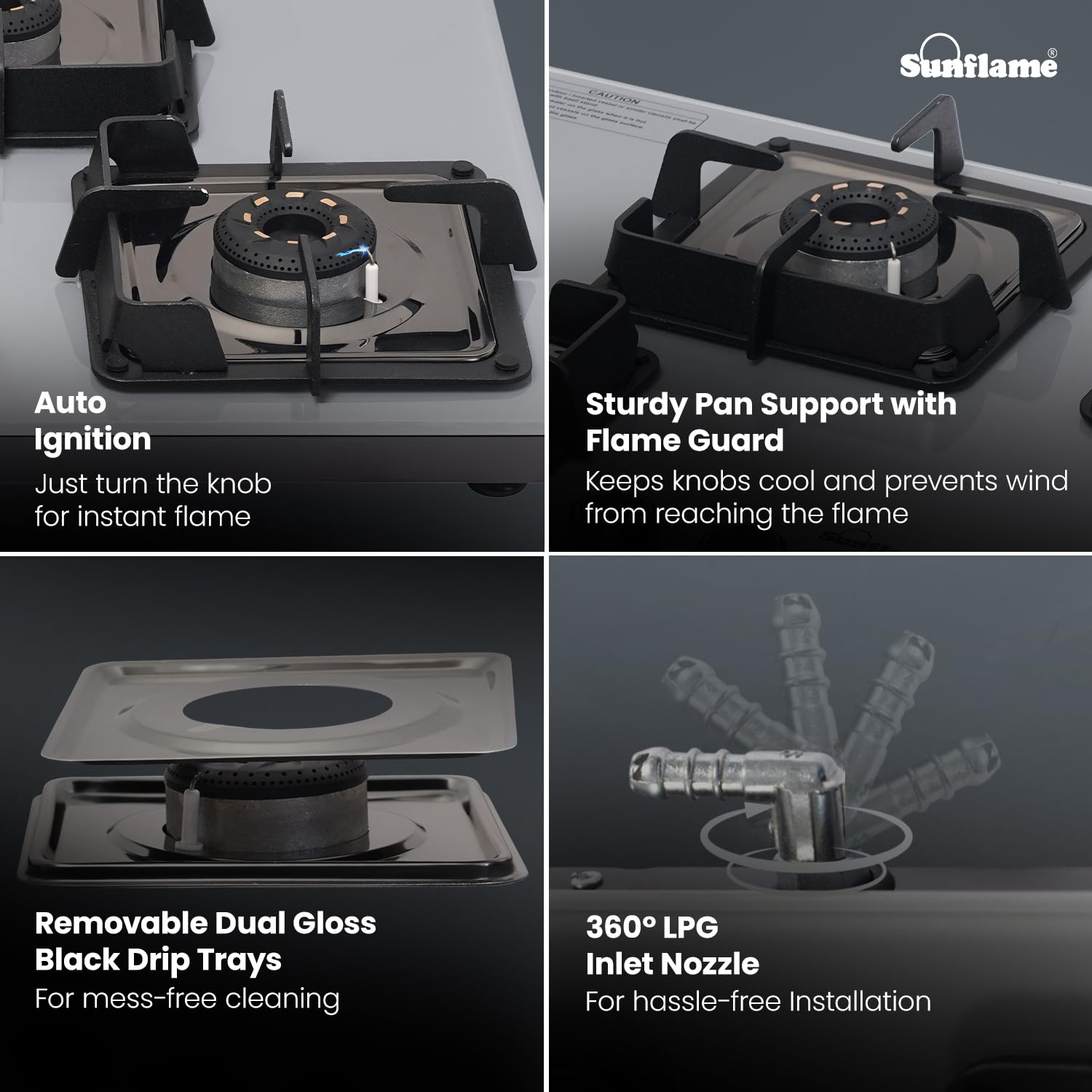 Sunflame 4 Burner Ultra-Slim Countertop Hob 80 cm Wide, Italian SABAF Valve, Forged Brass Burners, Sturdy Pan Support with Flame Guard, Grey, SHA 480 AGS Sunflame 4 Burner Ultra-Slim Countertop Hob 80 cm Wide, Italian SABAF Valve, Forged Brass Burners, Sturdy Pan Support with Flame Guard, Grey, SHA 480 AGS