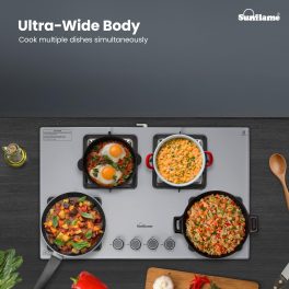 Sunflame 4 Burner Ultra-Slim Countertop Hob 80 cm Wide, Italian SABAF Valve, Forged Brass Burners, Sturdy Pan Support with Flame Guard, Grey, SHA 480 AGS