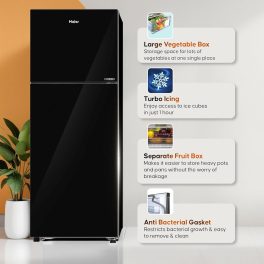 Haier 268L, 2 Star Frost Free Top Mount Double Door Refrigerator, Premium Glass Door Finish, 5 In 1 Convertible Modes, 200% Faster Ice Making in 49 Minutes, Black Glass, HRF-3182PKG-P