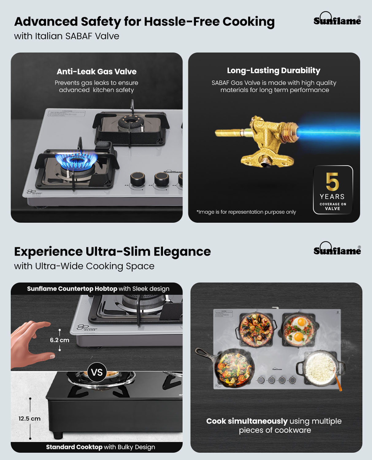 Sunflame 4 Burner Ultra-Slim Countertop Hob 80 cm Wide, Italian SABAF Valve, Forged Brass Burners, Sturdy Pan Support with Flame Guard, Grey, SHA 480 AGS Sunflame 4 Burner Ultra-Slim Countertop Hob 80 cm Wide, Italian SABAF Valve, Forged Brass Burners, Sturdy Pan Support with Flame Guard, Grey, SHA 480 AGS