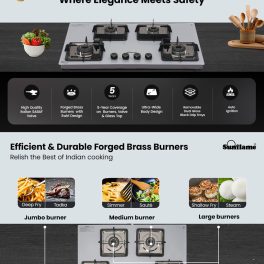 Sunflame 4 Burner Ultra-Slim Countertop Hob 80 cm Wide, Italian SABAF Valve, Forged Brass Burners, Sturdy Pan Support with Flame Guard, Grey, SHA 480 AGS