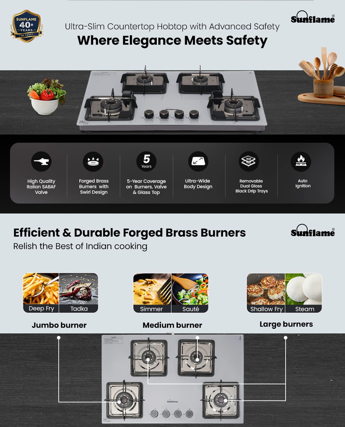Sunflame 4 Burner Ultra-Slim Countertop Hob 80 cm Wide, Italian SABAF Valve, Forged Brass Burners, Sturdy Pan Support with Flame Guard, Grey, SHA 480 AGS Sunflame 4 Burner Ultra-Slim Countertop Hob 80 cm Wide, Italian SABAF Valve, Forged Brass Burners, Sturdy Pan Support with Flame Guard, Grey, SHA 480 AGS