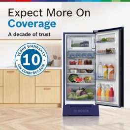 Bosch 187 L, 3 Star, Single Door Refrigerator with Industry's largest base drawer, vegetable box & Beverage space, 18 Hr Cooling Retention, 2.5x Cooling, inverter compressor, Feather Blue, CST18B33PI