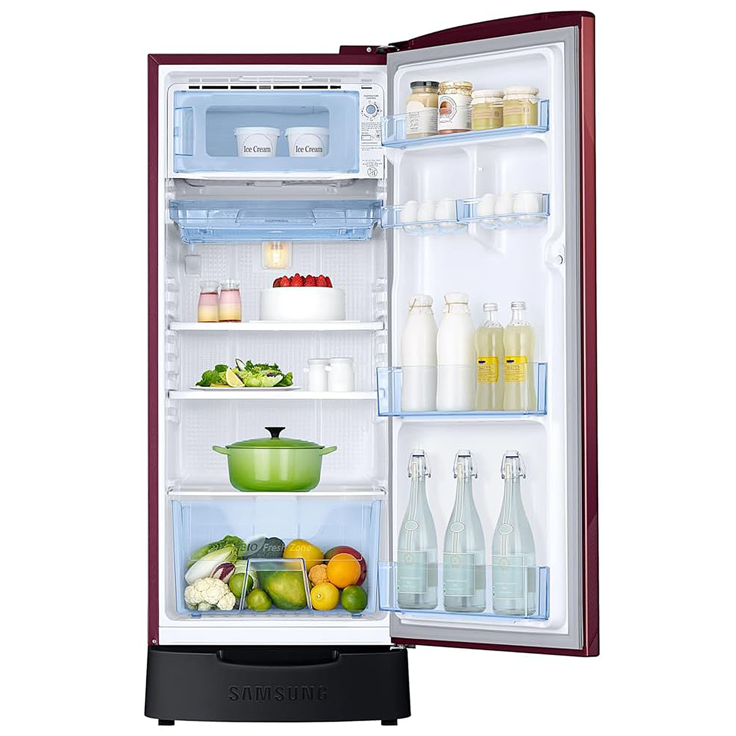 Samsung 183 L, 3 Star, Digital Inverter, Direct-Cool Single Door Refrigerator With Base Stand Drawer, Wild Lily Red, RR20F1823WR/HL Samsung 183 L, 3 Star, Digital Inverter, Direct-Cool Single Door Refrigerator With Base Stand Drawer, Wild Lily Red, RR20F1823WR/HL