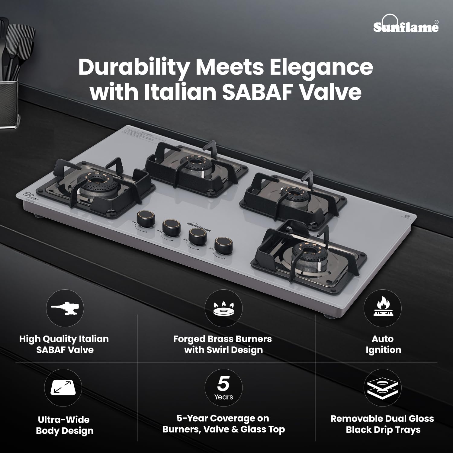 Sunflame 4 Burner Ultra-Slim Countertop Hob 80 cm Wide, Italian SABAF Valve, Forged Brass Burners, Sturdy Pan Support with Flame Guard, Grey, SHA 480 AGS Sunflame 4 Burner Ultra-Slim Countertop Hob 80 cm Wide, Italian SABAF Valve, Forged Brass Burners, Sturdy Pan Support with Flame Guard, Grey, SHA 480 AGS