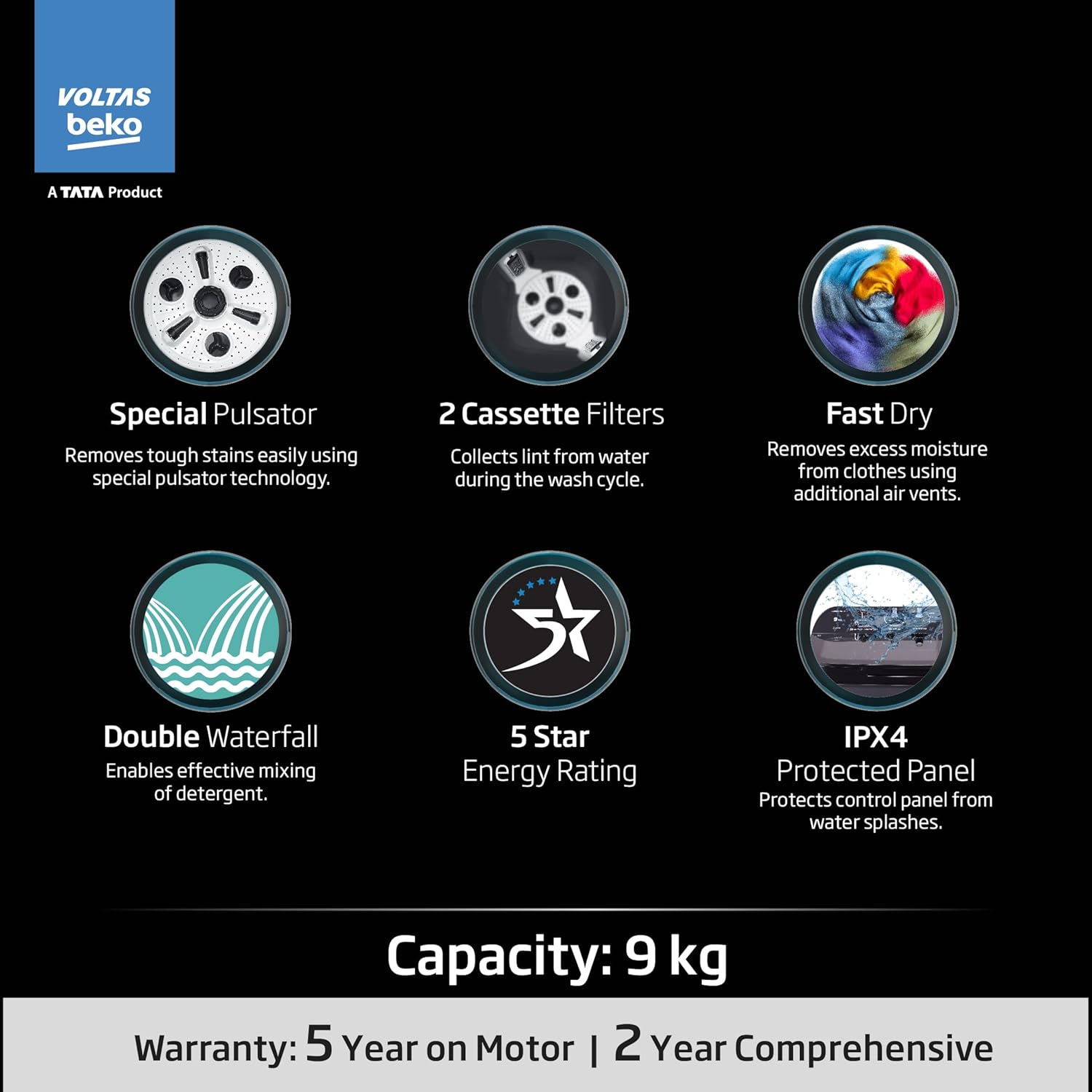 Voltas beko, A Tata Product 9 kg 5 Star Semi-Automatic Twin Tub Top Load Washing Machine, Special Pulsator wash Method, Black, WTT90UDX/BKGR4KGTD Voltas beko, A Tata Product 9 kg 5 Star Semi-Automatic Twin Tub Top Load Washing Machine, Special Pulsator wash Method, Black, WTT90UDX/BKGR4KGTD