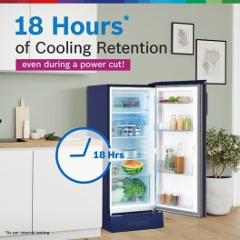Bosch 187 L, 3 Star, Single Door Refrigerator with Industry's largest base drawer, vegetable box & Beverage space, 18 Hr Cooling Retention, 2.5x Cooling, inverter compressor, Feather Blue, CST18B33PI