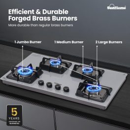 Sunflame 4 Burner Ultra-Slim Countertop Hob 80 cm Wide, Italian SABAF Valve, Forged Brass Burners, Sturdy Pan Support with Flame Guard, Grey, SHA 480 AGS