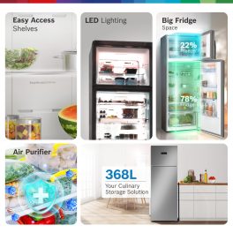 Bosch 368L, 3-Star, Frost free Double Door Inverter Refrigerator (2025 Model), 6-in-1 Convertible, 18 Hours Cooling Retention, Digital Display, Super Freeze, 80min Convert, Smoky Steel, CTC39K03NI