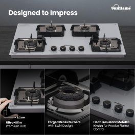 Sunflame 4 Burner Ultra-Slim Countertop Hob 80 cm Wide, Italian SABAF Valve, Forged Brass Burners, Sturdy Pan Support with Flame Guard, Grey, SHA 480 AGS