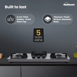 Sunflame 3 Burner Ultra-Slim Countertop Hob 80 cm Wide, Italian SABAF Valve, 5-Year Glasstop, Burners & Valve Coverage by Sunflame, Forged Brass Burners, Sturdy Pan Support with Flame Guar, Grey, SHA 380 AGS