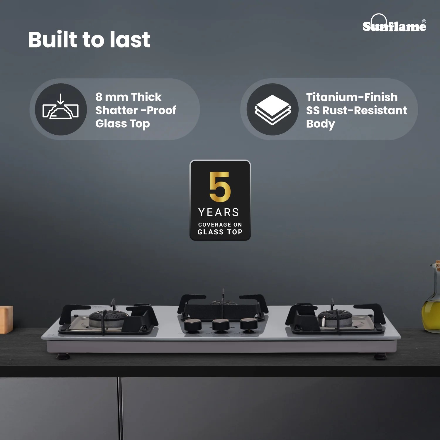 Sunflame 3 Burner Ultra-Slim Countertop Hob 80 cm Wide, Italian SABAF Valve, 5-Year Glasstop, Burners & Valve Coverage by Sunflame, Forged Brass Burners, Sturdy Pan Support with Flame Guar, Grey, SHA 380 AGS Sunflame 3 Burner Ultra-Slim Countertop Hob 80 cm Wide, Italian SABAF Valve, 5-Year Glasstop, Burners & Valve Coverage by Sunflame, Forged Brass Burners, Sturdy Pan Support with Flame Guar, Grey, SHA 380 AGS