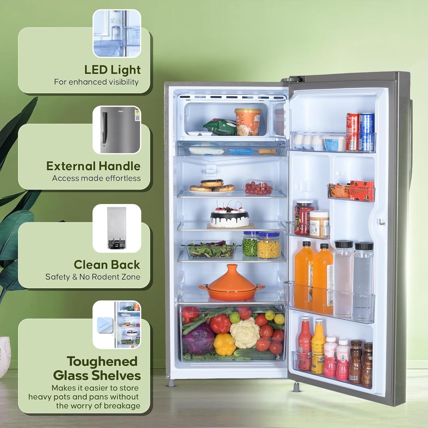 Haier 190L 5 Star Direct Cool Single Door Refrigerator, 3 Toughened Glass Shelves, Fast Ice Making in Just 60 minutes, Large Veg Box, Easy Clean Back, Brush Steel, HRD-2105CBS-P Haier 190L 5 Star Direct Cool Single Door Refrigerator, 3 Toughened Glass Shelves, Fast Ice Making in Just 60 minutes, Large Veg Box, Easy Clean Back, Brush Steel, HRD-2105CBS-P