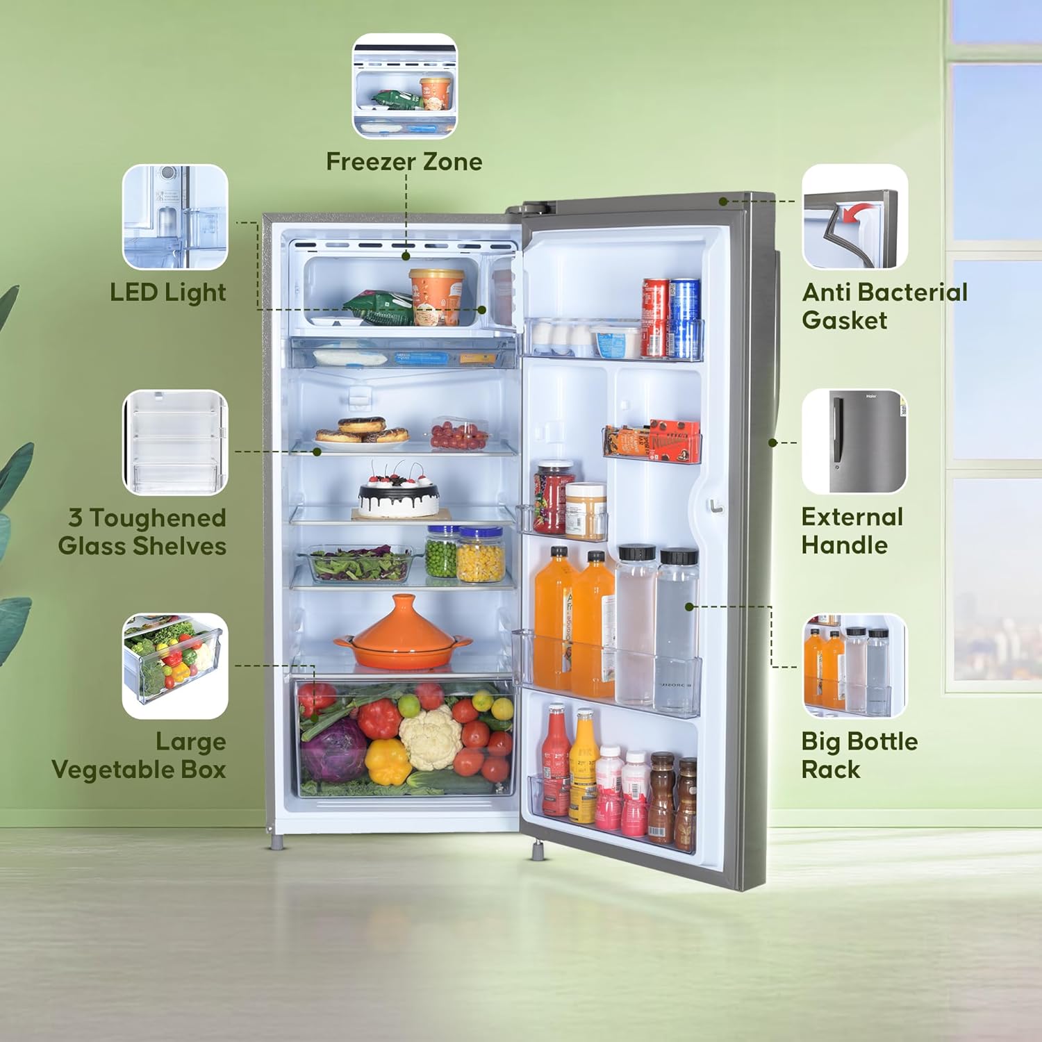 Haier 190L 5 Star Direct Cool Single Door Refrigerator, 3 Toughened Glass Shelves, Fast Ice Making in Just 60 minutes, Large Veg Box, Easy Clean Back, Brush Steel, HRD-2105CBS-P Haier 190L 5 Star Direct Cool Single Door Refrigerator, 3 Toughened Glass Shelves, Fast Ice Making in Just 60 minutes, Large Veg Box, Easy Clean Back, Brush Steel, HRD-2105CBS-P