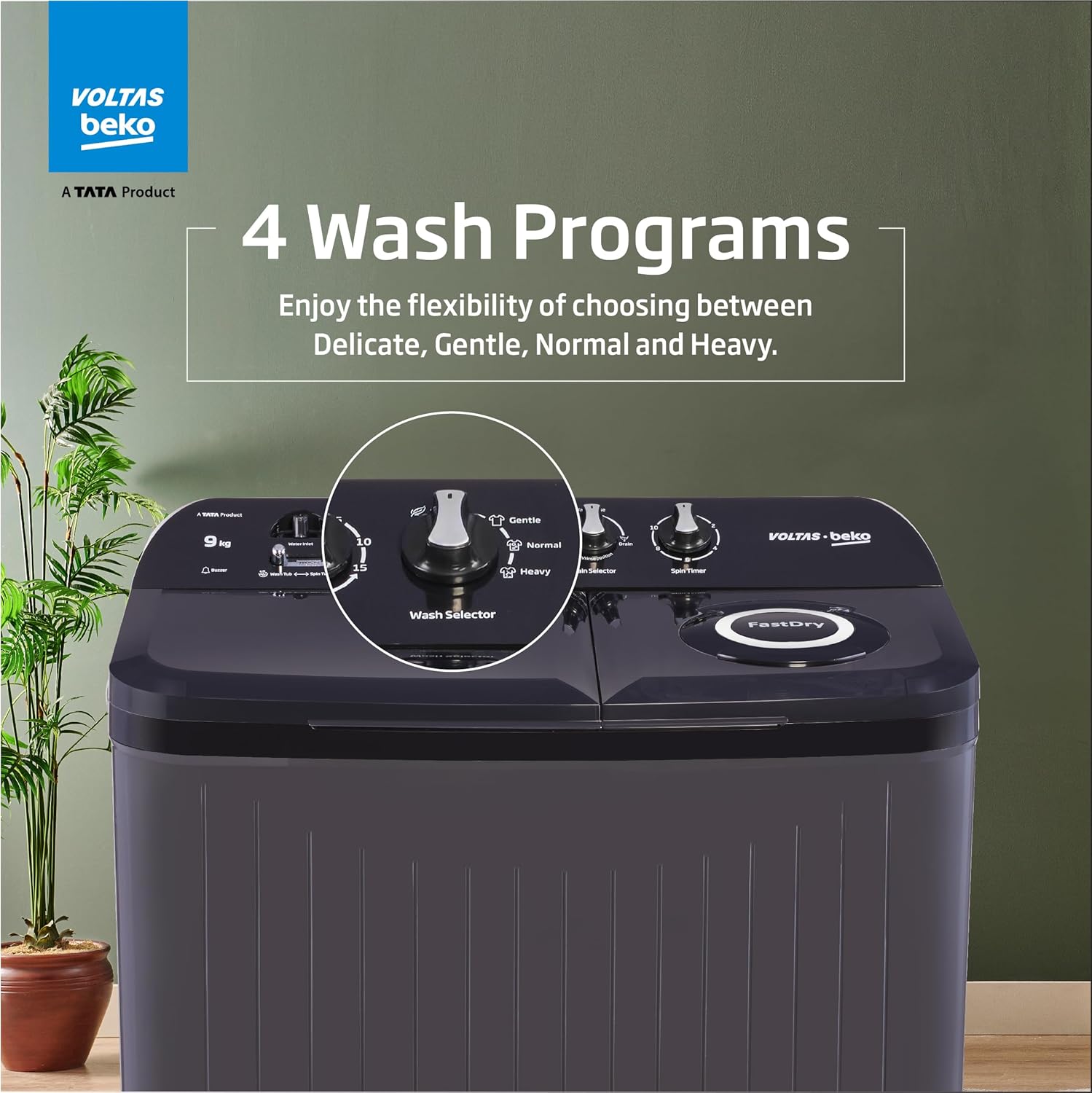 Voltas beko, A Tata Product 9 kg 5 Star Semi-Automatic Twin Tub Top Load Washing Machine, Special Pulsator wash Method, Black, WTT90UDX/BKGR4KGTD Voltas beko, A Tata Product 9 kg 5 Star Semi-Automatic Twin Tub Top Load Washing Machine, Special Pulsator wash Method, Black, WTT90UDX/BKGR4KGTD