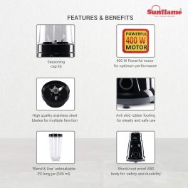 Sunflame 2 Jar Nutri SF Thunder, Blender-Mixer & Grinder 400 Watt Motor Power, High Quality Stainless Steel Bleades, Black, Healthy Mix