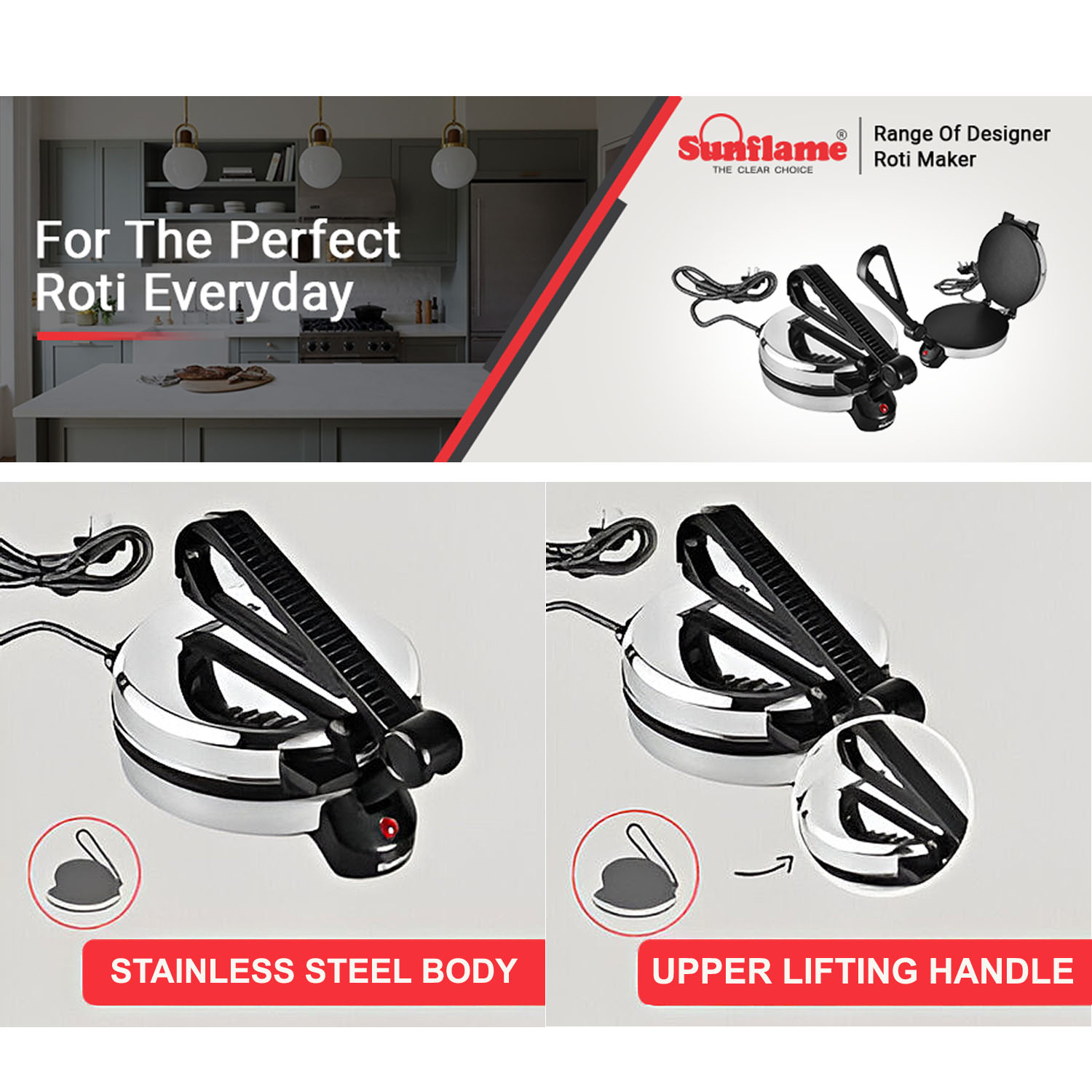 Sunflame 900-Watt Roti Maker, Stainless Steel Body And Non-Stick Cooking Plates, Silver-Black, RM1 Sunflame 900-Watt Roti Maker, Stainless Steel Body And Non-Stick Cooking Plates, Silver-Black, RM1