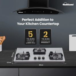 Sunflame 3 Burner Ultra-Slim Countertop Hob 80 cm Wide, Italian SABAF Valve, 5-Year Glasstop, Burners & Valve Coverage by Sunflame, Forged Brass Burners, Sturdy Pan Support with Flame Guar, Grey, SHA 380 AGS
