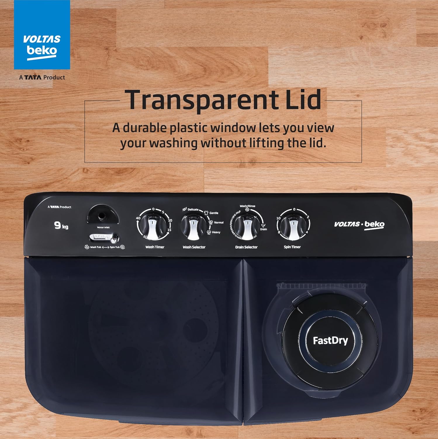 Voltas beko, A Tata Product 9 kg 5 Star Semi-Automatic Twin Tub Top Load Washing Machine, Special Pulsator wash Method, Black, WTT90UDX/BKGR4KGTD Voltas beko, A Tata Product 9 kg 5 Star Semi-Automatic Twin Tub Top Load Washing Machine, Special Pulsator wash Method, Black, WTT90UDX/BKGR4KGTD