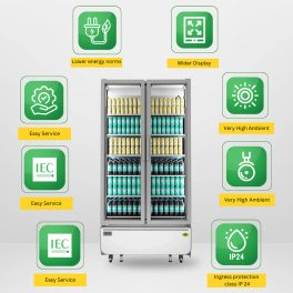 Western 908 Liter Visi Cooler Glass Standard Double Door Commercial Refrigerator, Automatic Defrost System, Air- Cooled, Low Power Consumption, Heavy-Duty Compressor, White-Grey, SRC1050-GL