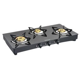 Sunflame 3 burner Glass Top Gas Stove, Manual Ignition, 6MM Thickness Toughened glass, Black, PRIME