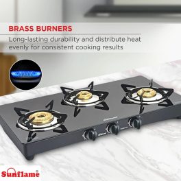 Sunflame 3 burner Glass Top Gas Stove, Manual Ignition, 6MM Thickness Toughened glass, Black, PRIME