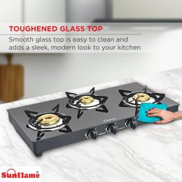 Sunflame 3 burner Glass Top Gas Stove, Manual Ignition, 6MM Thickness Toughened glass, Black, PRIME