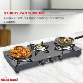 Sunflame 3 burner Glass Top Gas Stove, Manual Ignition, 6MM Thickness Toughened glass, Black, PRIME