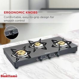 Sunflame 3 burner Glass Top Gas Stove, Manual Ignition, 6MM Thickness Toughened glass, Black, PRIME