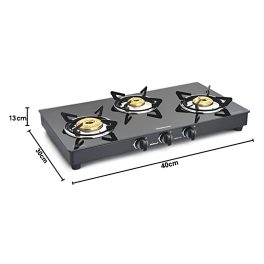 Sunflame 3 burner Glass Top Gas Stove, Manual Ignition, 6MM Thickness Toughened glass, Black, PRIME