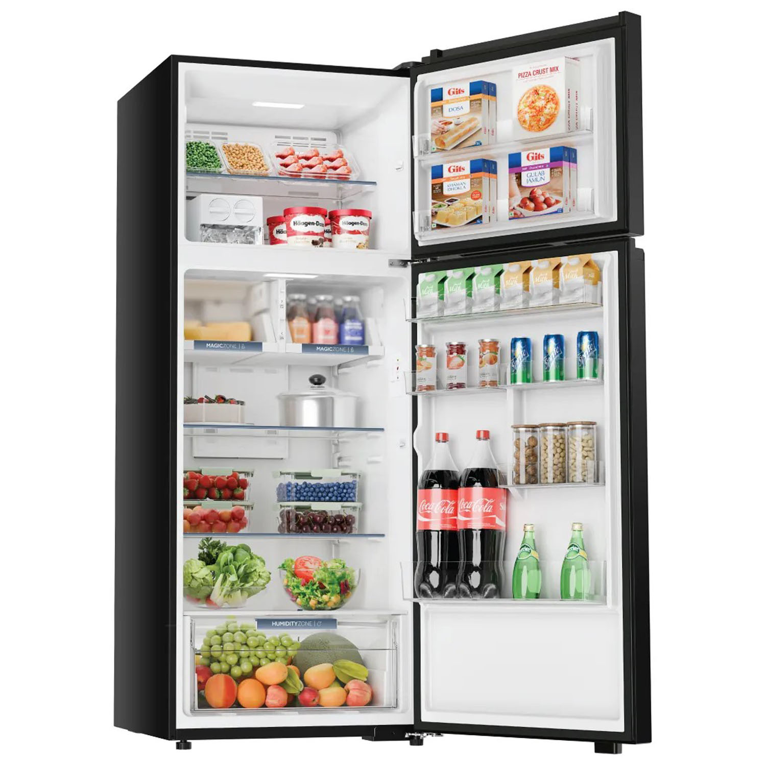 Haier 475 L, 2-star Top-Mounted Double-Door Frost-Free Refrigerator, Eco Mode, Double Magic Zone, Twin Inverter Technology, Black Glass, HRF-5252PGK-N Haier 475 L, 2-star Top-Mounted Double-Door Frost-Free Refrigerator, Eco Mode, Double Magic Zone, Twin Inverter Technology, Black Glass, HRF-5252PGK-N