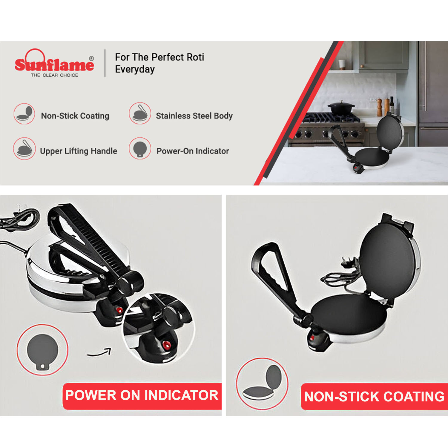 Sunflame 900-Watt Roti Maker, Stainless Steel Body And Non-Stick Cooking Plates, Silver-Black, RM1 Sunflame 900-Watt Roti Maker, Stainless Steel Body And Non-Stick Cooking Plates, Silver-Black, RM1