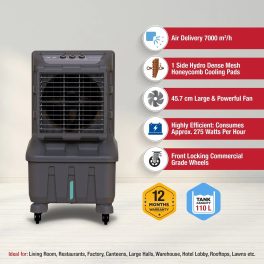Kenstar 150T Liter Desert Air Cooler With Front Locking Commercial Grade Wheels, Anti-Bacterial Honeycomb Pads, High-Speed, Invertor ready, 80Ft Air Throw, Grey, MAHA KOOL HC TENT
