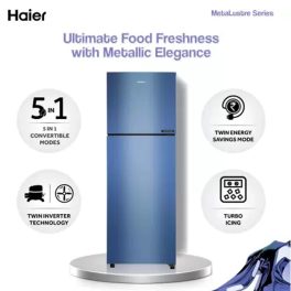 Haier 240 Litre 2 Star Double Door Refrigerator with 5-in-1 Convertible and Turbo Icing Technology, Green Inox, HRF2902BGI