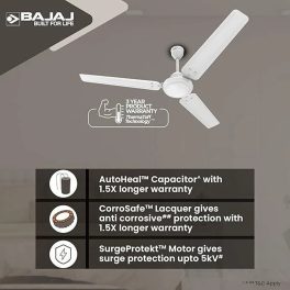 Bajaj 1200mm 3 Aluminium Blade Ceiling Fan, 400 RPM Speed, High-Torque Motor, White, Crest HS EEB