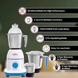 Kenstar 750 Watt 3 Stainless Steel Jars, Power Plus Turbo Mixer Grinder, Shock Proof ABS Body, White-Blue, MAXXO PRO