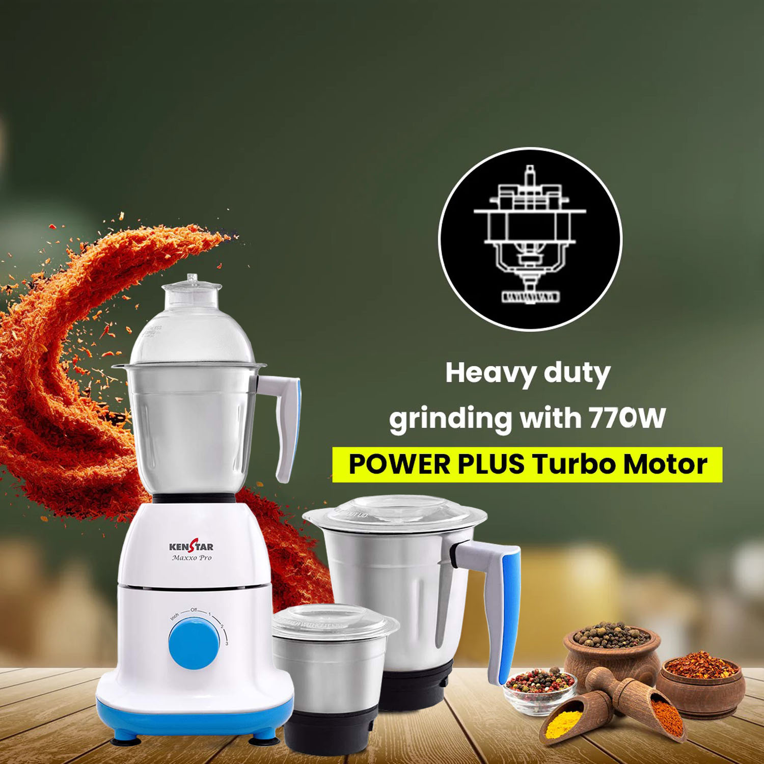 Kenstar 750 Watt 3 Stainless Steel Jars, Power Plus Turbo Mixer Grinder, Shock Proof ABS Body, White-Blue, MAXXO PRO Kenstar 750 Watt 3 Stainless Steel Jars, Power Plus Turbo Mixer Grinder, Shock Proof ABS Body, White-Blue, MAXXO PRO