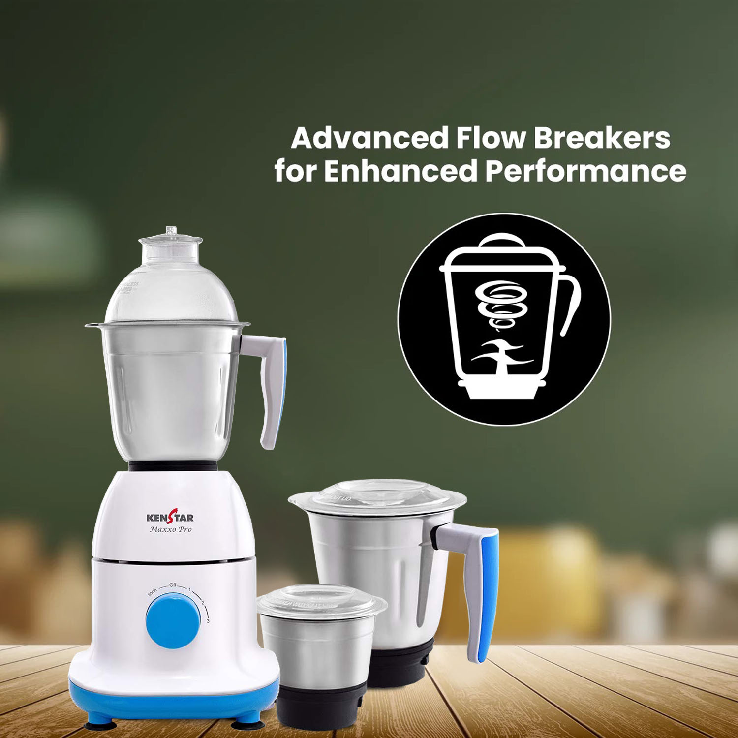 Kenstar 750 Watt 3 Stainless Steel Jars, Power Plus Turbo Mixer Grinder, Shock Proof ABS Body, White-Blue, MAXXO PRO Kenstar 750 Watt 3 Stainless Steel Jars, Power Plus Turbo Mixer Grinder, Shock Proof ABS Body, White-Blue, MAXXO PRO