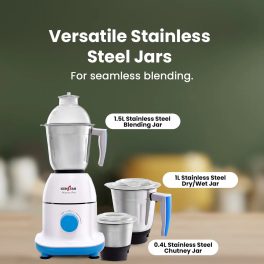 Kenstar 750 Watt 3 Stainless Steel Jars, Power Plus Turbo Mixer Grinder, Shock Proof ABS Body, White-Blue, MAXXO PRO