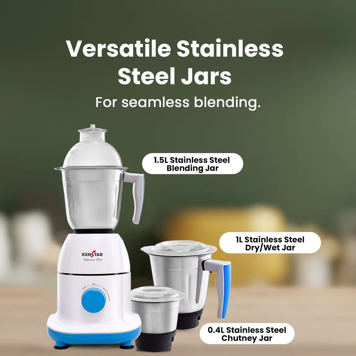 Kenstar 750 Watt 3 Stainless Steel Jars, Power Plus Turbo Mixer Grinder, Shock Proof ABS Body, White-Blue, MAXXO PRO Kenstar 750 Watt 3 Stainless Steel Jars, Power Plus Turbo Mixer Grinder, Shock Proof ABS Body, White-Blue, MAXXO PRO