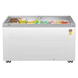 Haier 575-litre, 5-Star Glass Top Double-Door Commercial Deep Freezer, Single Mould Door & Frame, Anti-Rodent Body & Wire, Integrated Lock with metal Liner inside and 70mm Puff Thickness, White, HFC-575GM5