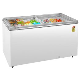 Haier 575-litre, 5-Star Glass Top Double-Door Commercial Deep Freezer, Single Mould Door & Frame, Anti-Rodent Body & Wire, Integrated Lock with metal Liner inside and 70mm Puff Thickness, White, HFC-575GM5