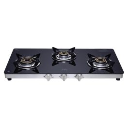 Elica-DT Series 3 Burner Manual Ignition Gas Stove, Double Drip Tray, Toughened Glass Top, High Efficiency Brass Burners, 7 Yr Glass Warranty, Black, SAPPHIRE 773 CT VETRO