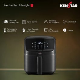 Kenstar 1300W, 4.5L Digital Air Fryer, Non-Stick Pan, Adjustable Temperature up to 200°C, 8 Preset Cooking Modes, Black, Opal Digi
